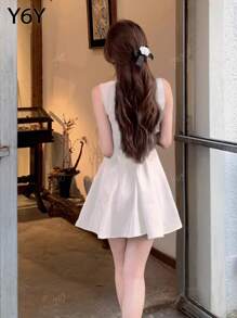 Summer French Style White Delicate Sleeveless Layered Women Fashion Short Dress