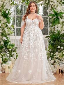 UNITHORSE 露肩刺绣流苏装饰褶皱前片透明白色加大码婚纱礼服，新娘全白派对装女士