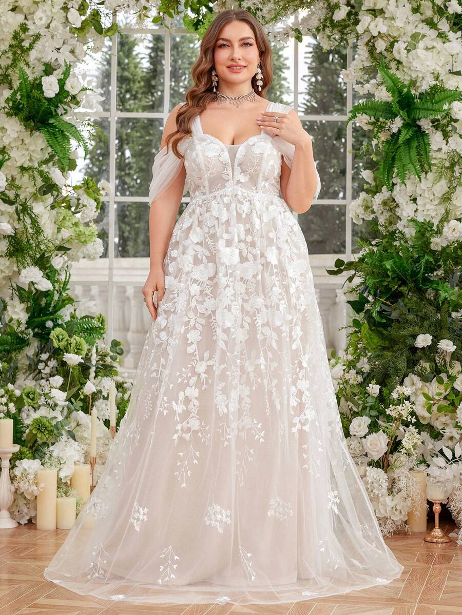 UNITHORSE 露肩刺绣流苏装饰褶皱前片透明白色加大码婚纱礼服，新娘全白派对装女士