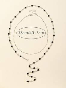 2 件套金色/银色、黑色/蓝色/透明玻璃 Y 型项链和颈链组合，闪亮吊坠适合日常佩戴、约会、派对、节日、度假、深 V 领、周年纪念、生日礼物，波西米亚风优雅奢华简约别致性感可爱 - 銀色黑玻璃 - 查看 2