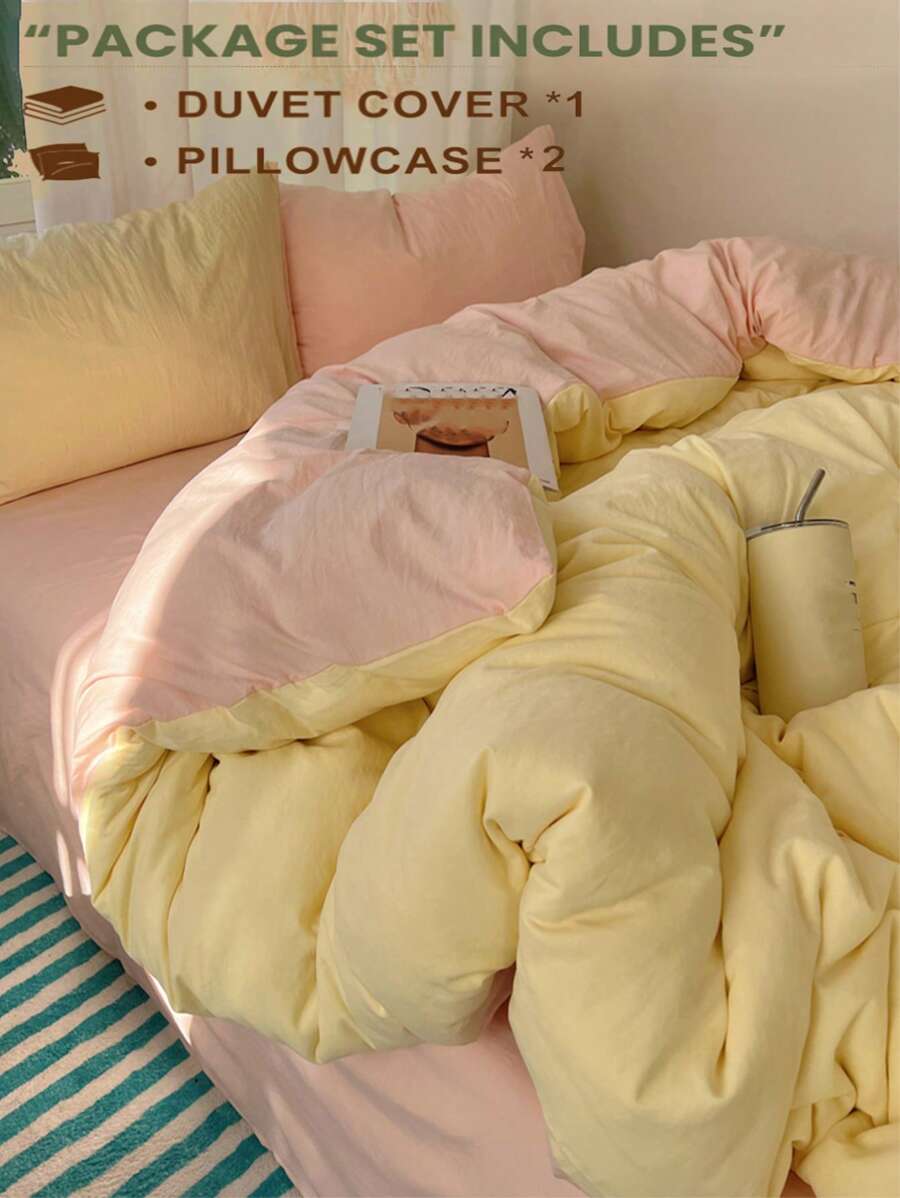 Juego de ropa de cama de 3 piezas en tono amarillo claro y rosa claro que incluye 1 edredón y 2 fundas de almohada, para dormitorio o habitación