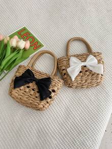 女孩蝴蝶结草编手提包，迷你编织篮包，度假风格 - A - 查看 2