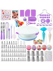 Cake Decorating Kit For Beginners Includes Video Course, EBook+ Baking Supplies - Cake Turntable, Pastry Piping Bag, Piping Icing Tips For Beginners - 紫色 - 查看 10