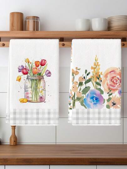 2Pcs Floral Towels Tulip Vase Spring Farmhouse Summer Flowers Vintage Floral Watercolor Kapok Sunflower Pattern Farmhouse Napkins Kitchen Dishwashing Hand Tea Towels Kitchen Drying Dish Towels For Kitchen Dining Room Table