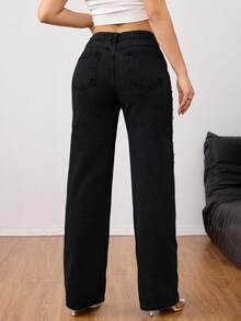 Jeans de pierna recta con decoración de perlas elegante - Jeans de lujo para mujer - Negro - Ver 7
