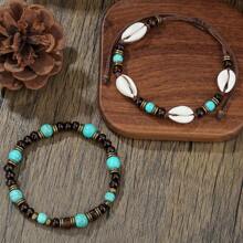 RINTOLER 1set/3pcs Boho Style Coconut Shell & Turquoise Beads Hollow Elastic Bracelet Set, Suitable For Daily Wear Or Vacation Matching