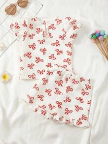 Newborn Baby Girls Butterfly Print Beige&Purple Short Sleeve Top + Ruffle Hem Shorts Set, Elegant And Cute Series, Essential Summer Outfit For Infants