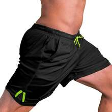 Kit 2 Dry Fit Thermal Training Shorts 2 In 1 With Cell Phone Pocket And Towel Holder Fitness Gym Shorts - 黑色 - 查看 6
