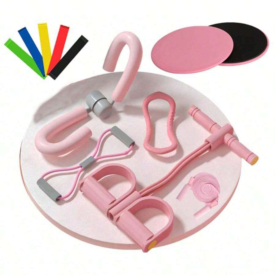11 Pieces - Fitness And Yoga Set - Made Of EVA Material - Includes Resistance Bands, Leg Toner, Jump Rope, Yoga Ring, Figure 8 Resistance Bands, Pilates Sliding Discs And 5 Elastic Bands Of Different Resistances - Ideal For Yoga, Pilates, Gym Training And Body Shaping - Complete Equipment For Exercises At Home Or In The Gym, Versatile And High Quality - 淺粉色 - 查看 1