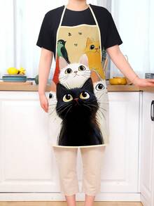1 pieza Delantal con estampado de gato de dibujos animados, apto para restaurante, cocina, fiesta, boda, hecho de tela de durazno, para cocina, baño, hogar, artículos del hogar