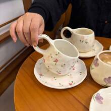 1 pieza Juego de taza de café y platillo de cerámica vintage hecho a mano, taza y plato con pintura a mano estilo coreano Ins, adecuado para mug de latte y plato de postre, excelente para San Valentín, Día de la Madre, regalo conmemorativo de pareja, regalo de graduación de vuelta a la escuela