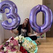 Globos con números de lámina de 32 pulgadas en color morado para decoración de fiestas de cumpleaños, aniversarios y otras celebraciones, números del 0 al 7. - Morado - Ver 3