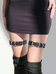 2 件女士腿带 PU 皮革黑色带扣带纯色铆钉腿环时尚简约可轻松调节适合任何场合
