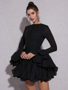 Modphy New Elegant Women's Long Button Asymmetrical Petal Patchwork Fashion Flare Sleeve Bodycon Mini Dress, Suitable For Wedding Guest, Festival, Birthday Party, Formal Evening Gala, Easter, Prom Dress - Black - View 2