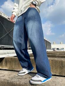 Hearty Haven 1pc Vintage Washed Retro High Street Straight Leg Loose Casual Baggy Wide Leg Dragging Jeans For Men, With Distressed Hem - Royal Blue - View 3