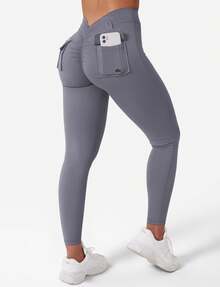 YEOREO Leggings With Pockets For Women V Back Scrunch Workout Leggings Tummy Control Butt Lifting Gym Yoga Leggings Yoga Pants For Women Winter Clothes For Women Black Pants - 藍灰 - 查看 4