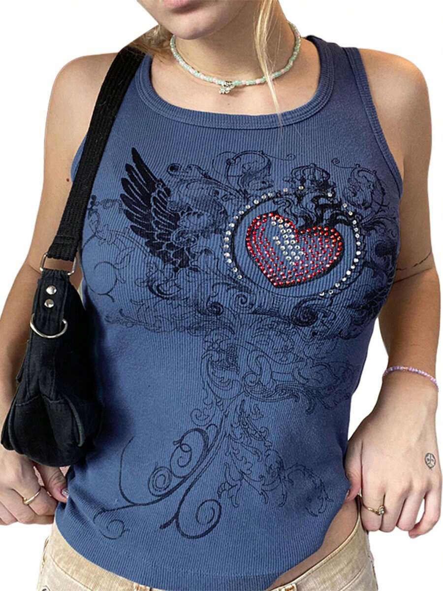 Women Rhinestone Graphic Print Tank Tops Rib Knit Sleeveless Crop Tops Vest E Girl Aesthetic Tee Y2K Streetwear - Blue - View 1