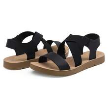 Women's Open Toe Elastic Ankle Strap Flat Summer Sandals - 黑色 - 查看 6