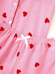 2 Pieces Women Red Striped Heart Print Pajama Set, Short Sleeve Button-Up Shirt With Collar And Bowknot Shorts, Casual Sleepwear For Spring/Summer - Red - View 7