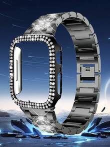 1件/套黑色苹果手表表带+苹果手表表壳，男女通用，闪亮水钻金属表带+闪亮水钻保护壳，苹果手表表带+苹果手表表壳，兼容 Ultra/10/9/8/7/6/5/4/3/SE，适用于49mm/46mm/45mm/44mm/42mm（Series 10）/42mm/41mm/40mm/38mm，双排闪亮水钻保护套，时尚表带，苹果手表表带+苹果手表表壳