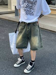 男士印花斜插袋牛仔短裤，修身直筒及膝短裤，夏季薄面料，emo 风格