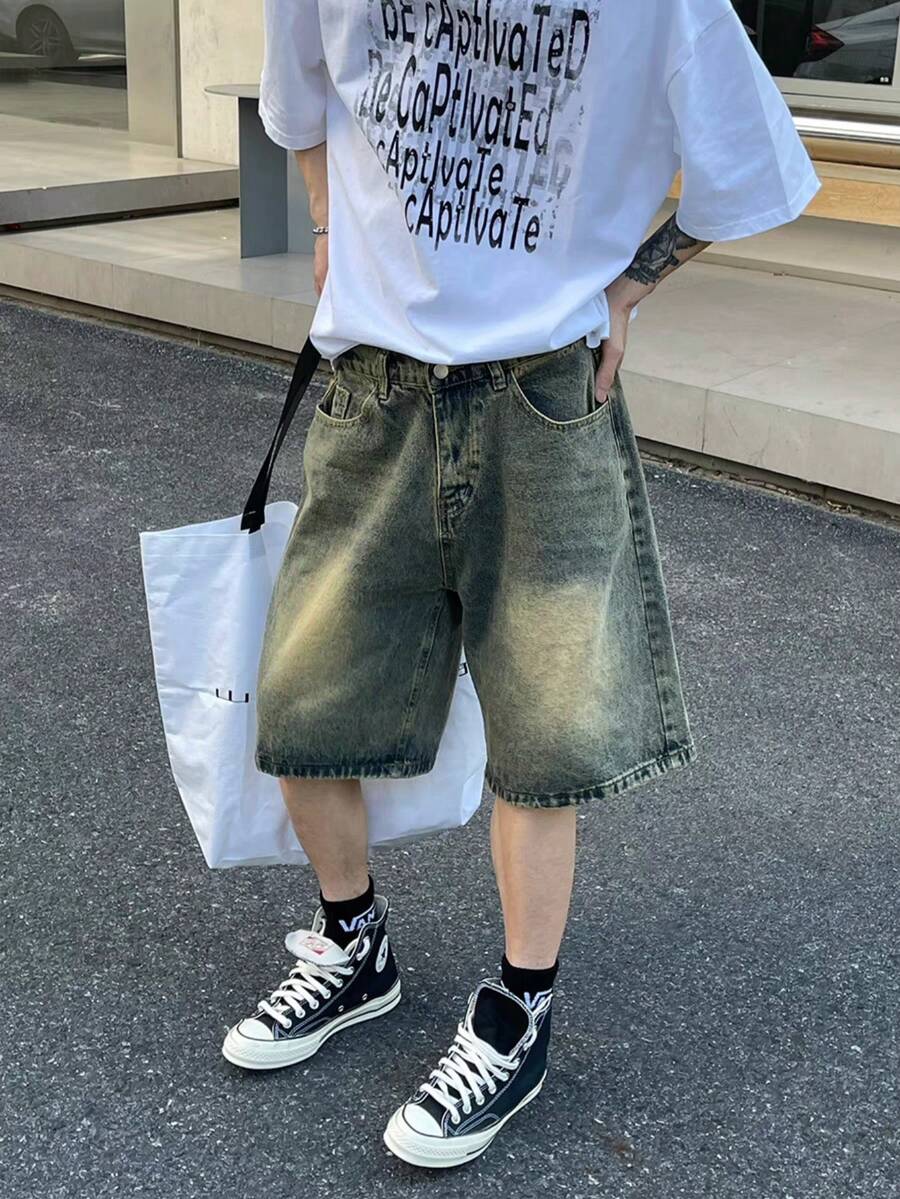 男士印花斜插袋牛仔短裤，修身直筒及膝短裤，夏季薄面料，emo 风格