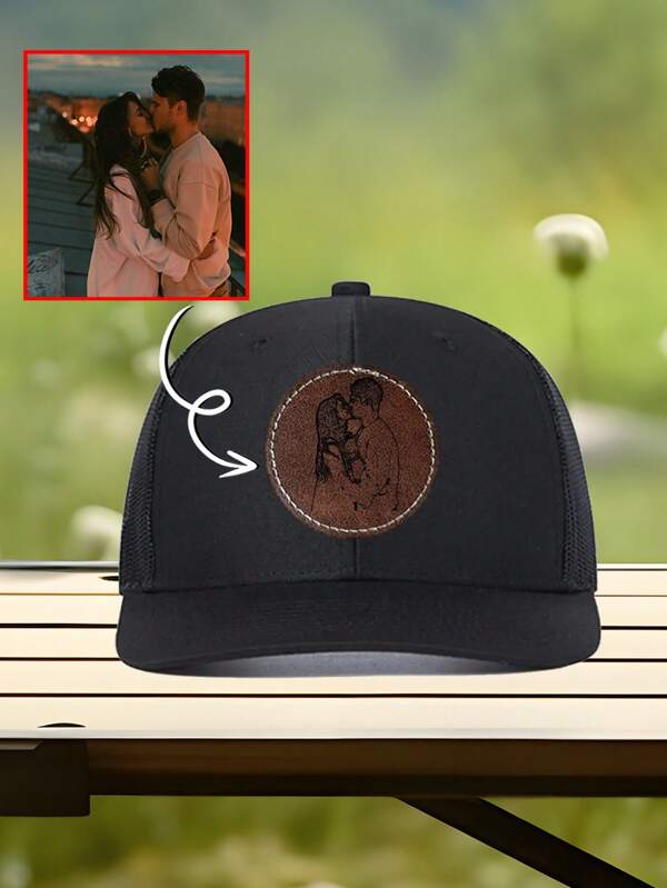 1pc Custom Couple Portrait Photo Laser Engraved On Leather Adjustable Baseball Trucker Baseball Mesh Cap, Richard Slightly Bent Portrait Laser Engraved Leather Label Patch Baseball Mesh Cap, Perfect Gift For Girlfriend, Boyfriend, Bestie, Couple, Groom, Bride, Father, Mother, Lightweight And Breathable For Daily Wear - Gift For Dad On Father's Day
