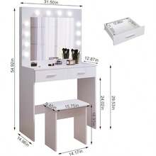 Dressing Table Set With LED Lights Mirror, Vanity Makeup Table 2 Large Drawers And Stool (Black) - White - View 4