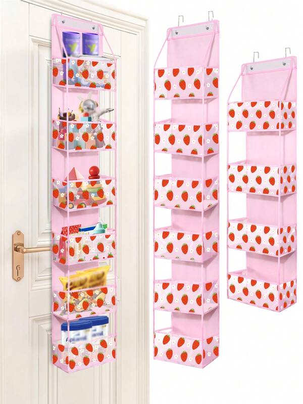 1Pc 4/6-Shelf Strawberry Over The Door Hanging Organizer With 2 Hooks,Mesh Hanging Storage Bag For Stuffed Animals,Clothes,Foods, Foldable Non-Woven Storage For Closet,Behind The Door Storage Bag.