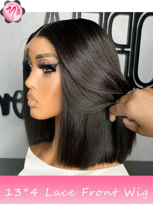 Peluca bob de cabello mezclado - Una mezcla de cabello humano mezclado y cabello sintético humano mezclado] Peluca bob de cabello humano mezclado con densidad del 180% - Póntela y vete Pelucas sin pegamento con encaje frontal sin cortar ni pelar previamente para uso diario, fiestas, festivales de música, cumpleaños, San Valentín