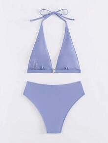 Summer New Solid Color 2 Pieces Halter Neck Backless Bikini Set, Beach Holiday Wear