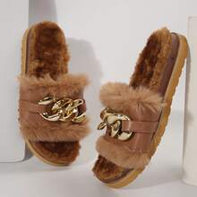 Women's Metallic Chain Sandals - Fluffy & Open Toe For Winter Wear - màu nâu - Xem 3