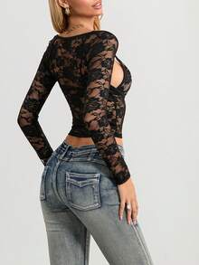 Women Y2K Mesh See Through Crop Tops With Bra Lace Floral Long Sleeve Slim Fit Low Cut T Shirt Sexy Sheer Going Out Blouse Tops Club Streetwear Summer Aesthetic Clothes - 黑色 - 查看 4