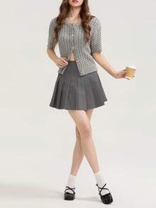 Women's Cable Knit Cardigan Solid Color Round Neck Short Sleeve Button-Front Closure Crop Sweaters - Gris - Ver 6