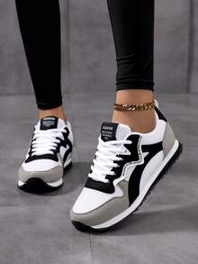 Giày thể thao nữ kiểu retro mũi tròn buộc dây đế mềm mại thoải mái, giày chạy bộ hàng ngày thoáng khí đa năng mùa hè, màu trơn - Đen, trắng và xám - Xem 4