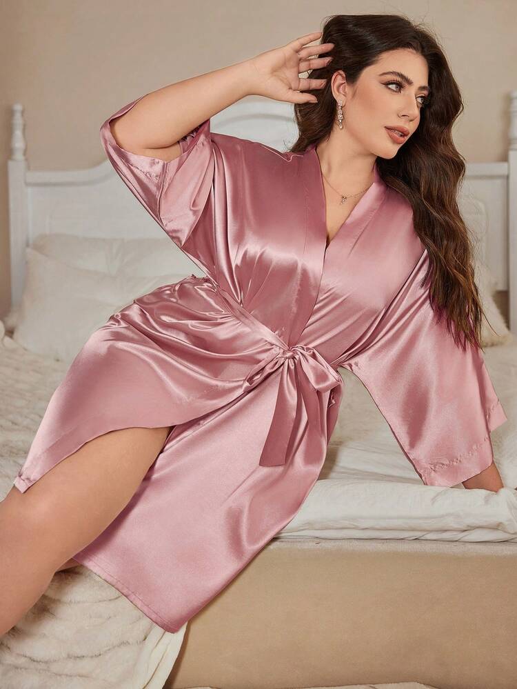 Plus-Size Ladies Pink 3/4 Sleeve Arc Design Imitation Silk Bathrobe Denny Lin Large Bath Bathrobe Simple Cardigan Lace-Up Pajamas Casual Ice Silk Pajamas Home Wear Summer Wedding Back To School - Pink - View 3