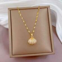 Stainless Steel Hollow Shell & Faux Pearl Necklace, Suitable For Everyday Wear - Yellow Gold - View 1