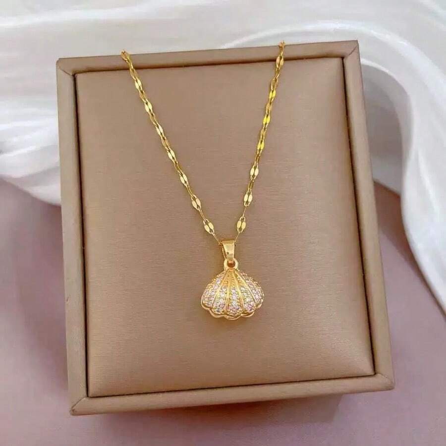 Stainless Steel Hollow Shell & Faux Pearl Necklace, Suitable For Everyday Wear - Yellow Gold - View 1