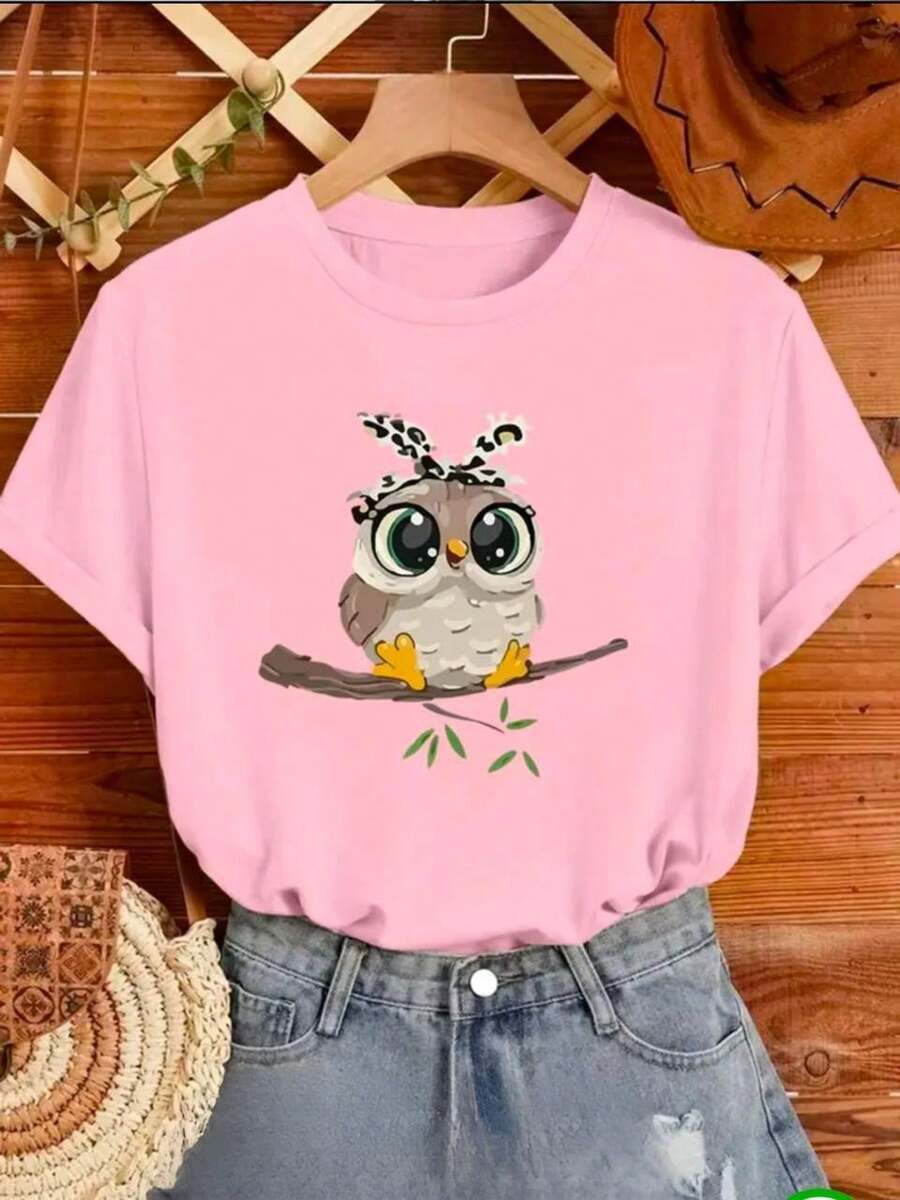 Women's Owl T-Shirt, Premium Cotton Mesh Blouse, Basic Round Neck - Baby Pink - View 1
