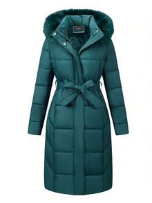 Giolshon Women's Plus Size Minimalist Long Hooded Jacket With Belt And Faux Fur Collar - Suitable For Autumn/Winter - Green - View 5