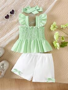 2pcs/Set Baby Girls Cute Cap Sleeve Striped Top And Bow Shorts With Headband, Spring/Summer - Green - View 1
