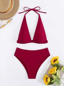 Letnia nowość, jednolity kolor, zestaw bikini, 2 sztuki, dekolt typu halter, krzyżowe plecy, wakacje na plaży - Burgund - Zobacz 3