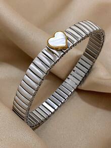 1 件心形爱心吊坠弹力手链 适合女士青少年女孩贝壳不锈钢手链 简约日常派对珠宝圣诞礼物 - 彩色 - 查看 5