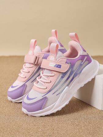 1 Pair Lightweight Breathable Mesh Running Sneakers, Striped Casual Athletic Style, Low-Top Sports Shoes For All Seasons, With Hook And Loop Closure, Round Toe Fabric Breathable Upper And EVA Sole, Suitable For Boys And Girls