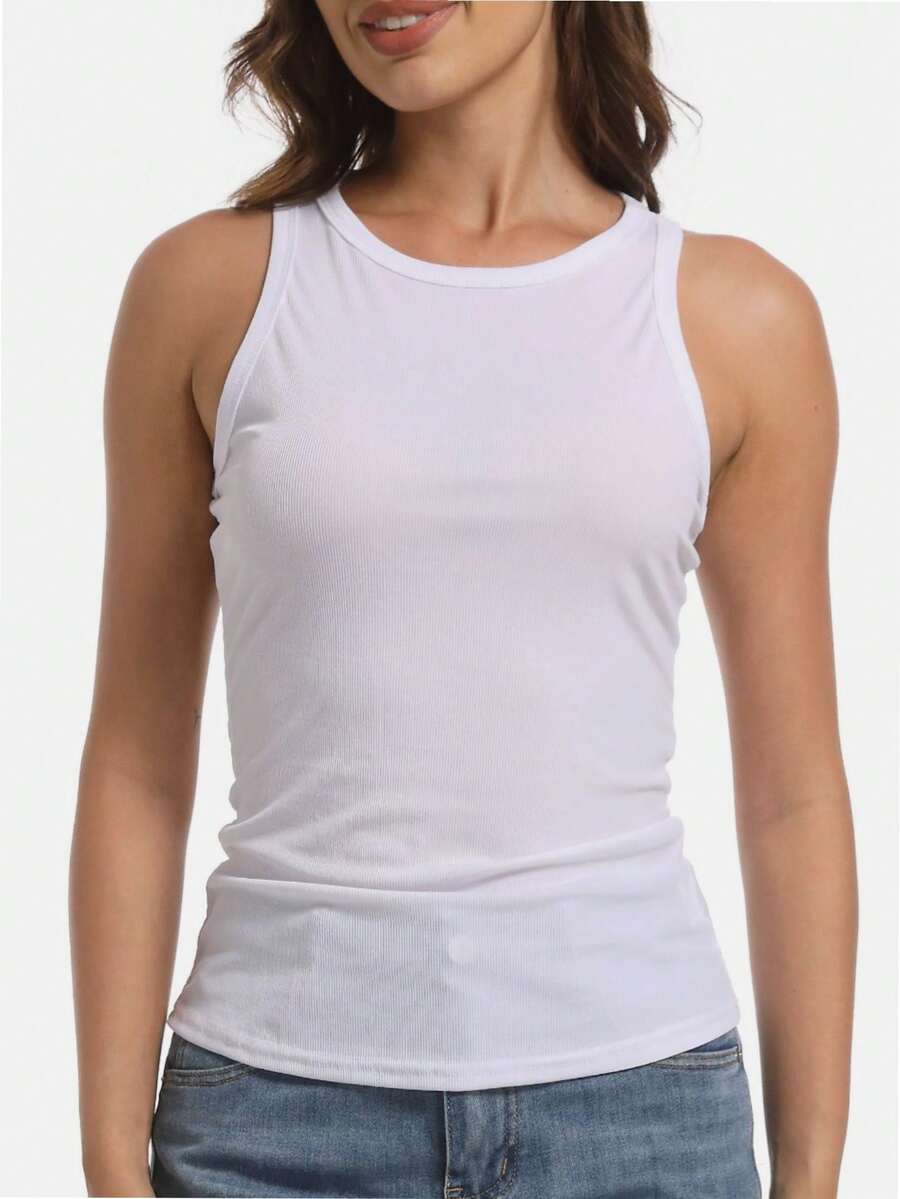 QUEENTI Women's Round Neck Vest Breathable Slim Sleeveless Design Outing Top - White - View 1