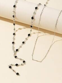 2 件套金色/银色、黑色/蓝色/透明玻璃 Y 型项链和颈链组合，闪亮吊坠适合日常佩戴、约会、派对、节日、度假、深 V 领、周年纪念、生日礼物，波西米亚风优雅奢华简约别致性感可爱 - 銀色黑玻璃 - 查看 4