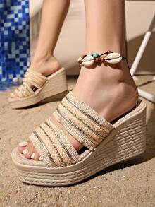Summer High Platform Waterproof Wedge Heel Rhinestone Decor Braided Strap Slip-On Sandals For Women, Super High Heel - Khaki - View 3