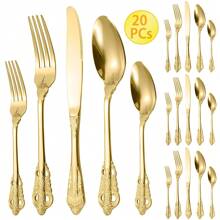 Juego de cubertería de 20 piezas chapado en oro real de acero inoxidable, servicio para 4 personas, juego de cubiertos duradero de 20 piezas para bodas y fiestas, apto para lavavajillas, juego de cubertería de 20 piezas, útiles escolares