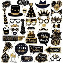 36pcs Black Silver Birthday Photo Booth Props Happy Birthday Party Favors Supplies For Women Men Birthday Party Props Decoration