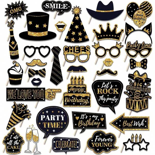 36pcs Black Silver Birthday Photo Booth Props Happy Birthday Party Favors Supplies For Women Men Birthday Party Props Decoration